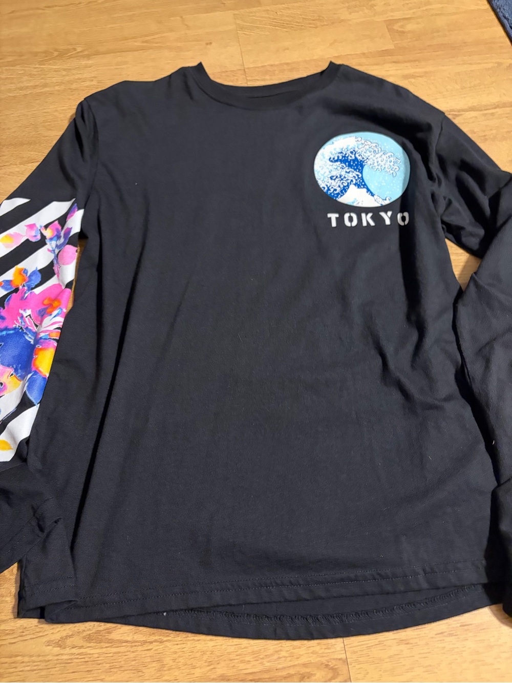 Black 'Tokyo' Long Sleeve Graphic Tee with Floral Accent Sleeve- M